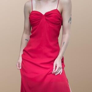 Vintage 90s Red Chiffon Strappy Full Length Maxi Dress Sweetheart Neck Sz M